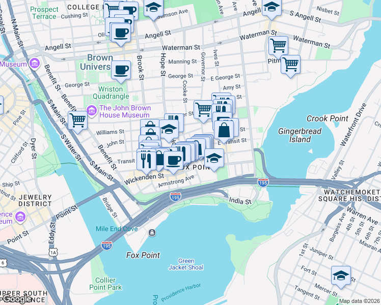 map of restaurants, bars, coffee shops, grocery stores, and more near 15 East Street in Providence