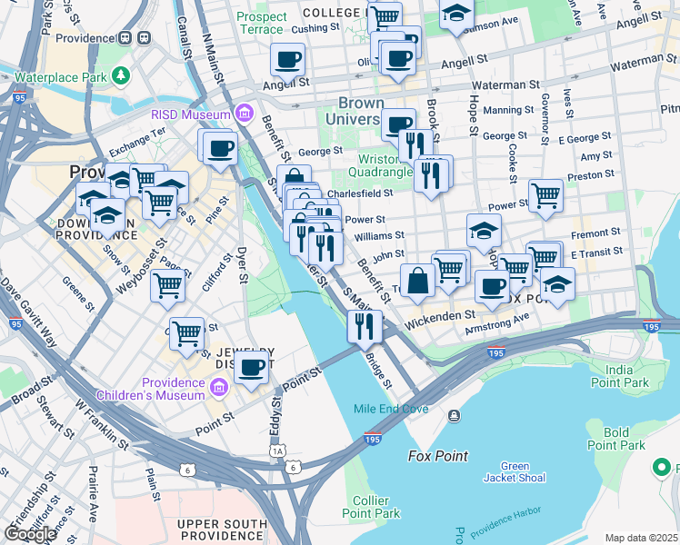map of restaurants, bars, coffee shops, grocery stores, and more near 376 Benefit Street in Providence