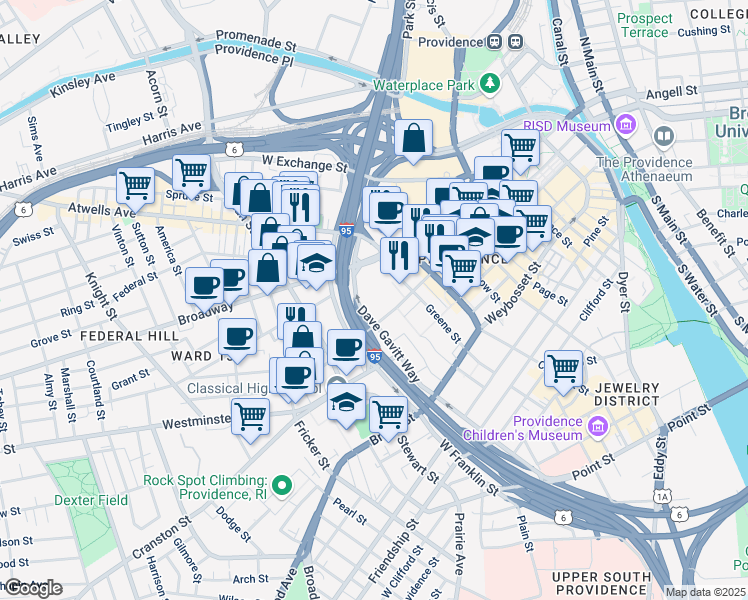 map of restaurants, bars, coffee shops, grocery stores, and more near 10 Broadway in Providence