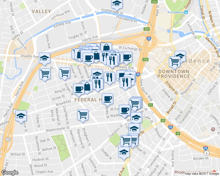 map of restaurants, bars, coffee shops, grocery stores, and more near 16 Pallas Street in Providence