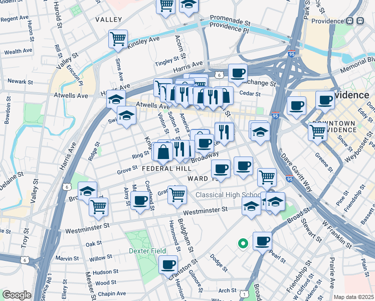 map of restaurants, bars, coffee shops, grocery stores, and more near 78 America Street in Providence