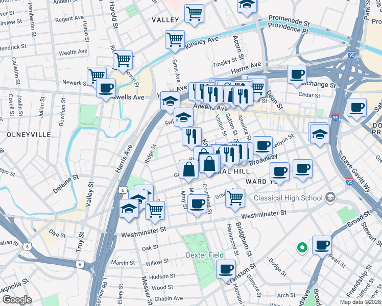 map of restaurants, bars, coffee shops, grocery stores, and more near 57 Penn Street in Providence
