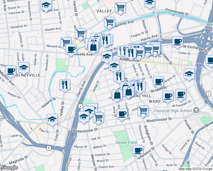 map of restaurants, bars, coffee shops, grocery stores, and more near 125 Tell Street in Providence