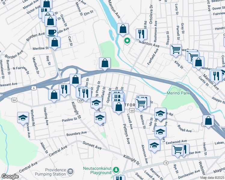 map of restaurants, bars, coffee shops, grocery stores, and more near 165 Ophelia Street in Providence