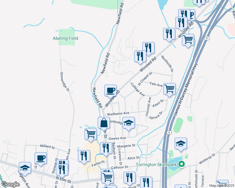 map of restaurants, bars, coffee shops, grocery stores, and more near 99 Winsted Road in Torrington