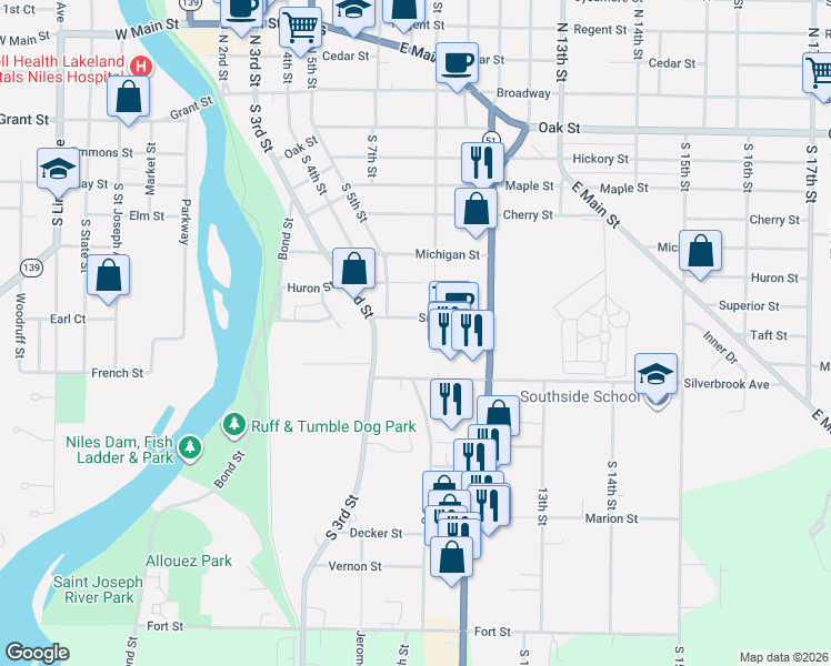map of restaurants, bars, coffee shops, grocery stores, and more near 525 Superior Street in Niles