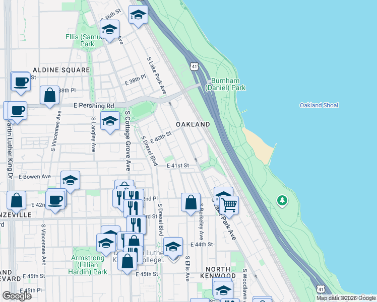 map of restaurants, bars, coffee shops, grocery stores, and more near 4048 South Lake Park Avenue in Chicago