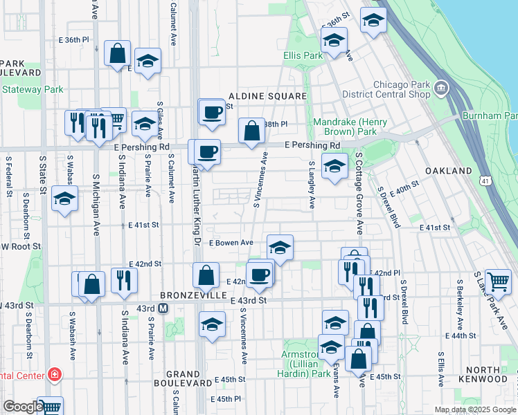map of restaurants, bars, coffee shops, grocery stores, and more near 3982 South Vincennes Avenue in Chicago