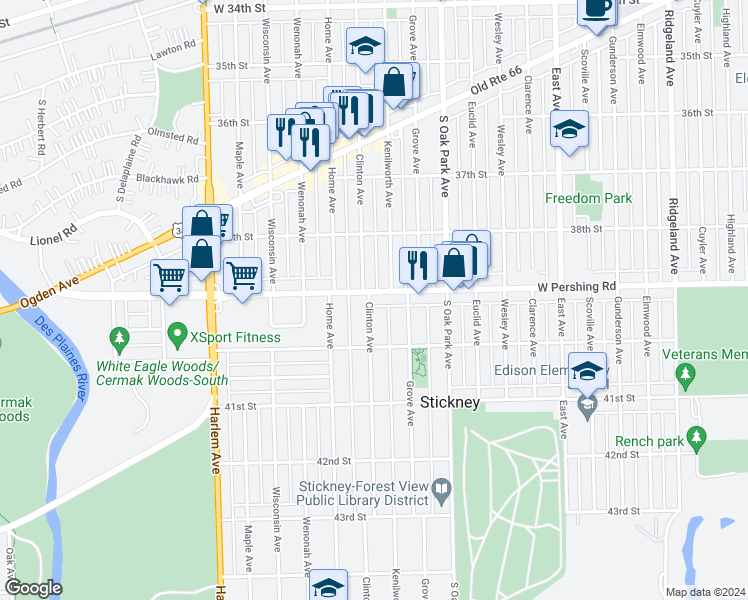 map of restaurants, bars, coffee shops, grocery stores, and more near 3854 Kenilworth Avenue in Berwyn
