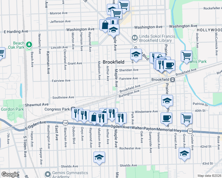 map of restaurants, bars, coffee shops, grocery stores, and more near 3815 Arthur Avenue in Brookfield