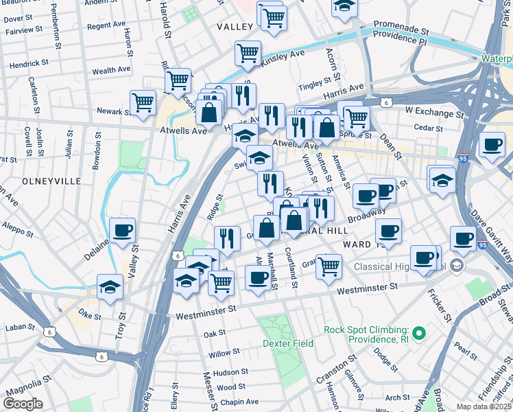 map of restaurants, bars, coffee shops, grocery stores, and more near 92 Tell Street in Providence