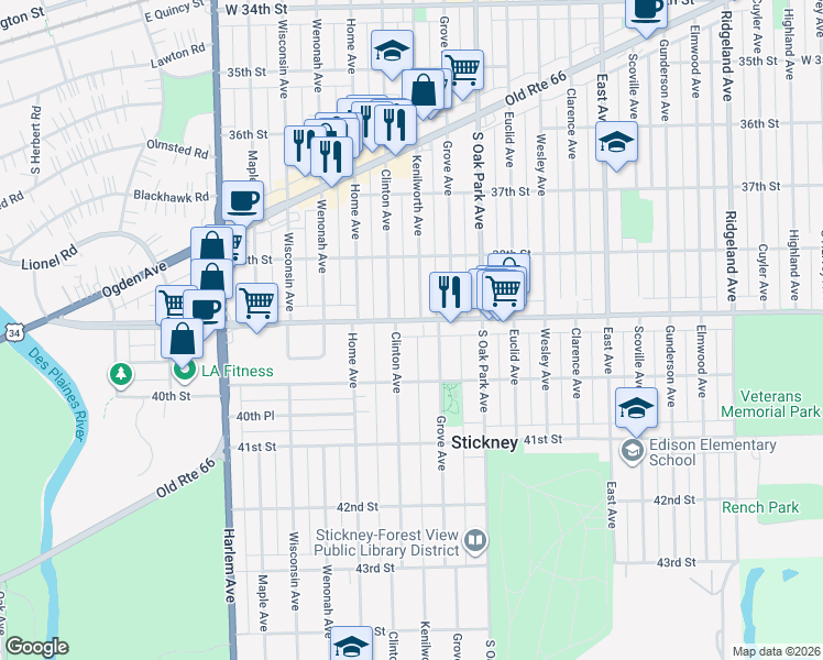 map of restaurants, bars, coffee shops, grocery stores, and more near 3854 Kenilworth Avenue in Berwyn