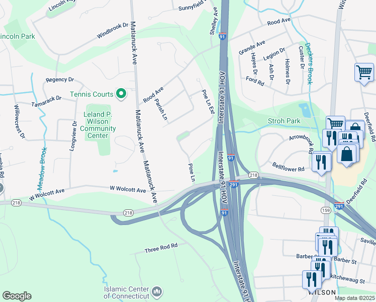 map of restaurants, bars, coffee shops, grocery stores, and more near 96 Pine Lane in Windsor