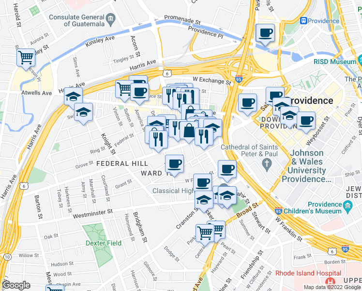 map of restaurants, bars, coffee shops, grocery stores, and more near Broadway & Pallas St in Providence