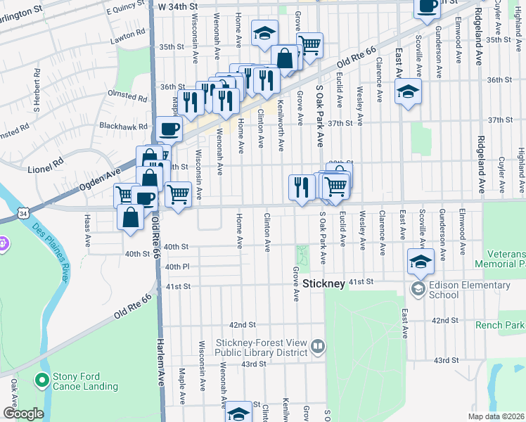 map of restaurants, bars, coffee shops, grocery stores, and more near 6930 39th Street in Stickney