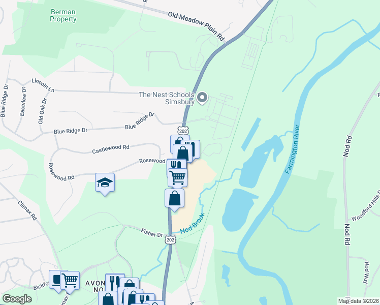 map of restaurants, bars, coffee shops, grocery stores, and more near 20 Avon Meadow Lane in Avon