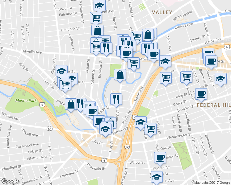 map of restaurants, bars, coffee shops, grocery stores, and more near 166 Valley Street in Providence