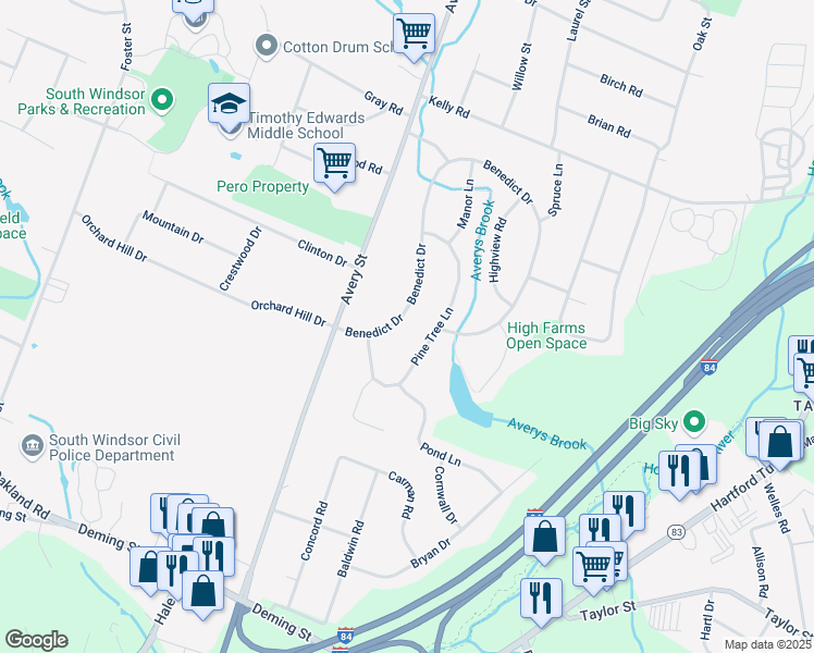 map of restaurants, bars, coffee shops, grocery stores, and more near 80 Benedict Drive in South Windsor