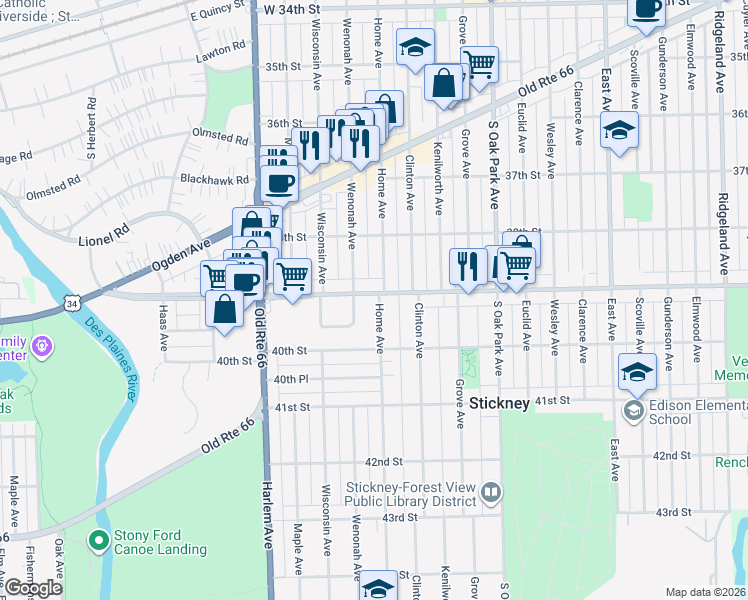 map of restaurants, bars, coffee shops, grocery stores, and more near 7010 Pershing Road in Berwyn