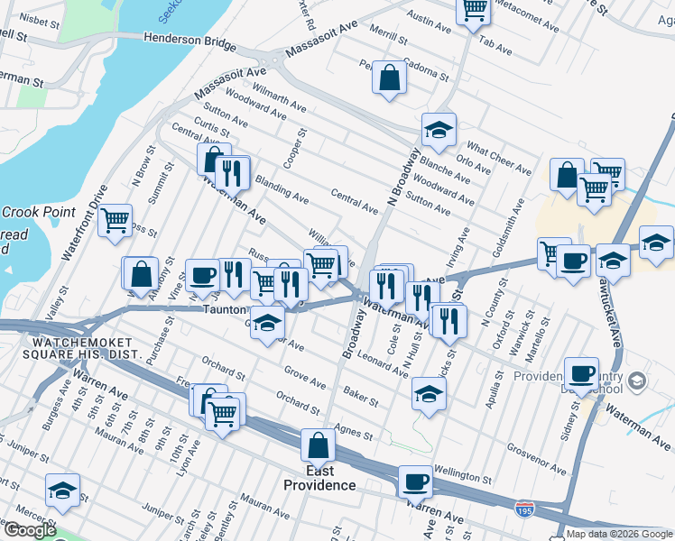 map of restaurants, bars, coffee shops, grocery stores, and more near 300 Waterman Avenue in East Providence