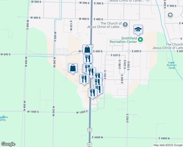 map of restaurants, bars, coffee shops, grocery stores, and more near 710 Main Street in Smithfield
