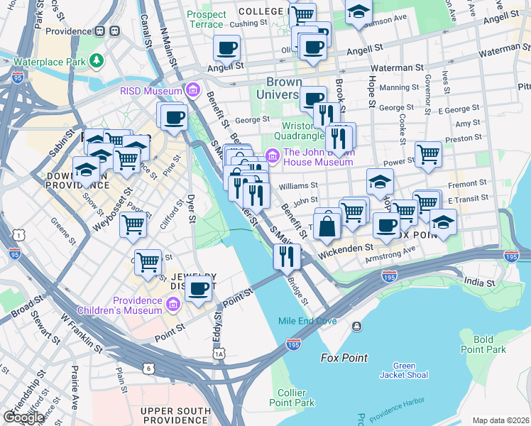 map of restaurants, bars, coffee shops, grocery stores, and more near 376 Benefit Street in Providence