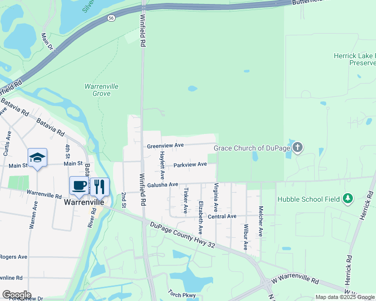 map of restaurants, bars, coffee shops, grocery stores, and more near 708 Greenview Avenue in Warrenville