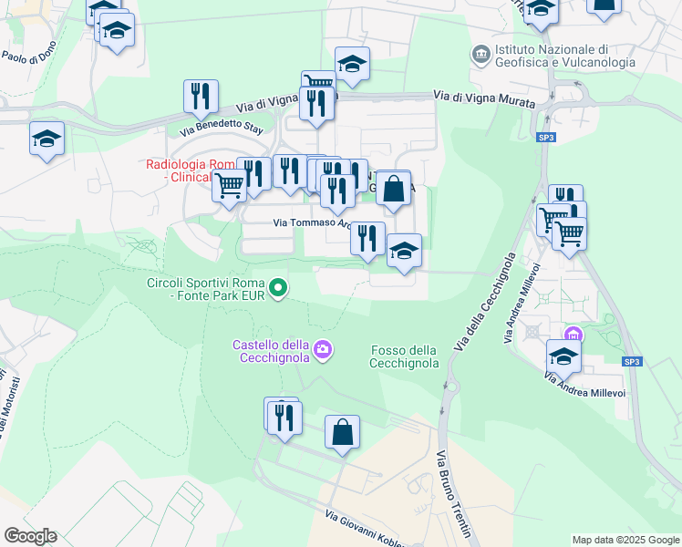map of restaurants, bars, coffee shops, grocery stores, and more near 16 Via Francesco Patrizio da Cherso in Roma
