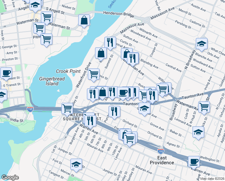 map of restaurants, bars, coffee shops, grocery stores, and more near 66-68 Anthony Street in East Providence
