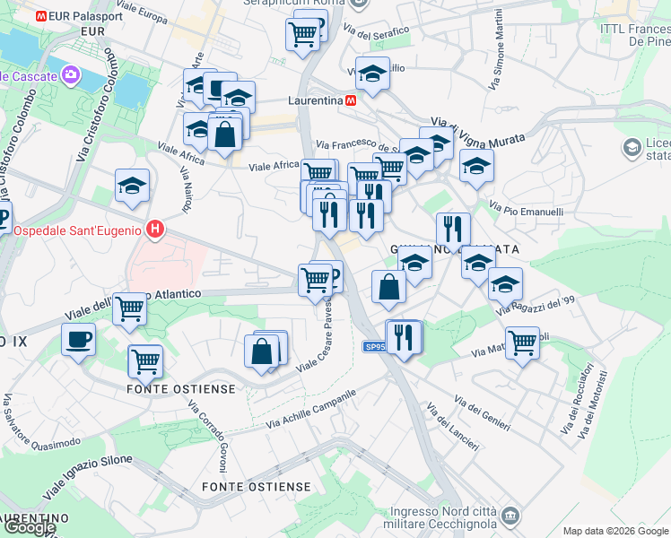 map of restaurants, bars, coffee shops, grocery stores, and more near 628 Via Laurentina in Roma