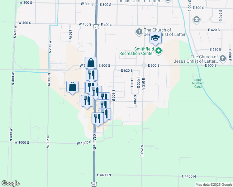map of restaurants, bars, coffee shops, grocery stores, and more near 133 East 745 South in Smithfield