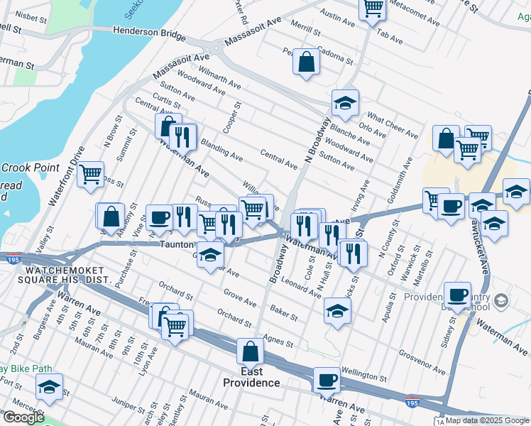 map of restaurants, bars, coffee shops, grocery stores, and more near 789 Broadway in East Providence