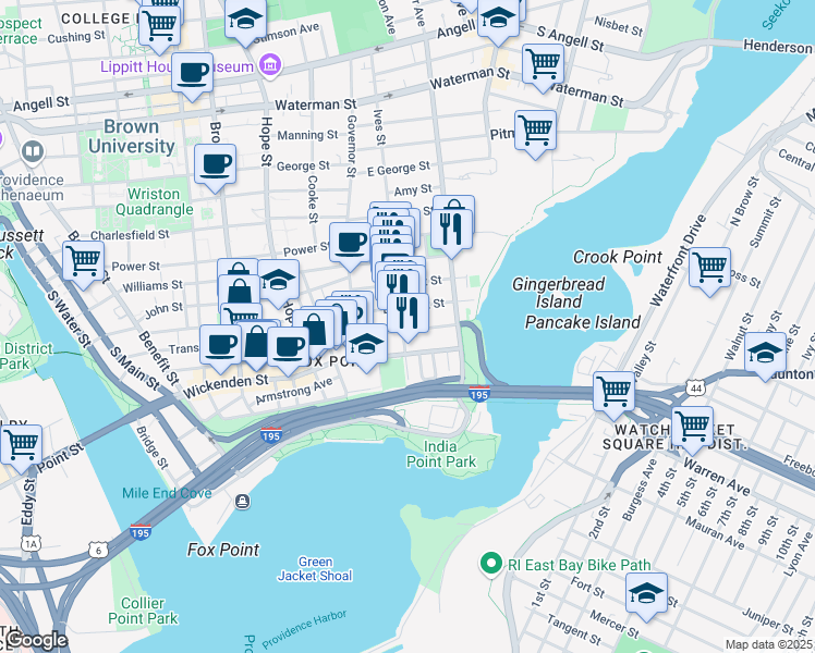 map of restaurants, bars, coffee shops, grocery stores, and more near 57 East Transit Street in Providence