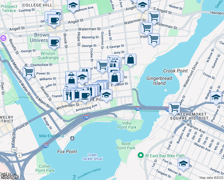 map of restaurants, bars, coffee shops, grocery stores, and more near 27 East Transit Street in Providence