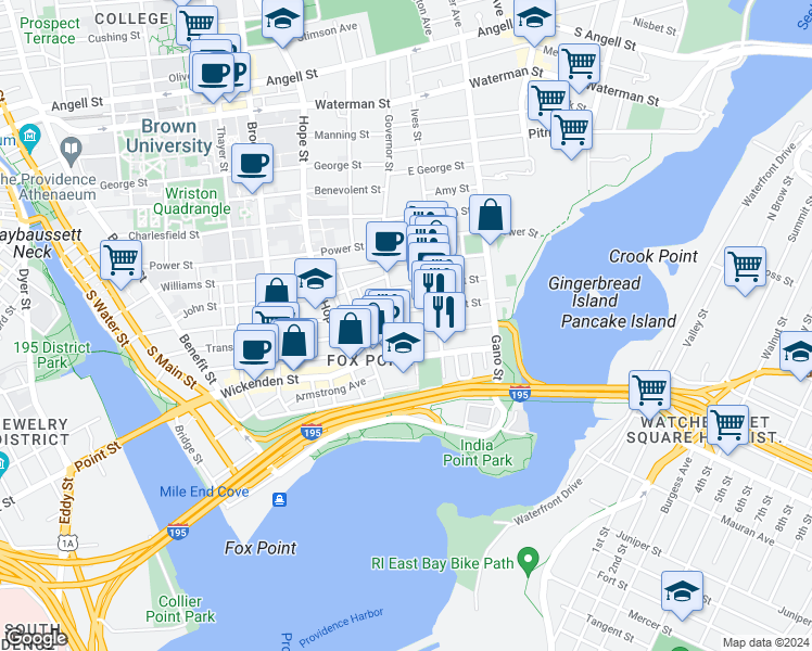 map of restaurants, bars, coffee shops, grocery stores, and more near 27 East Transit Street in Providence