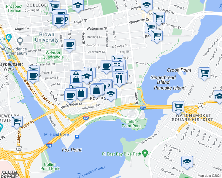 map of restaurants, bars, coffee shops, grocery stores, and more near 44 Governor Street in Providence