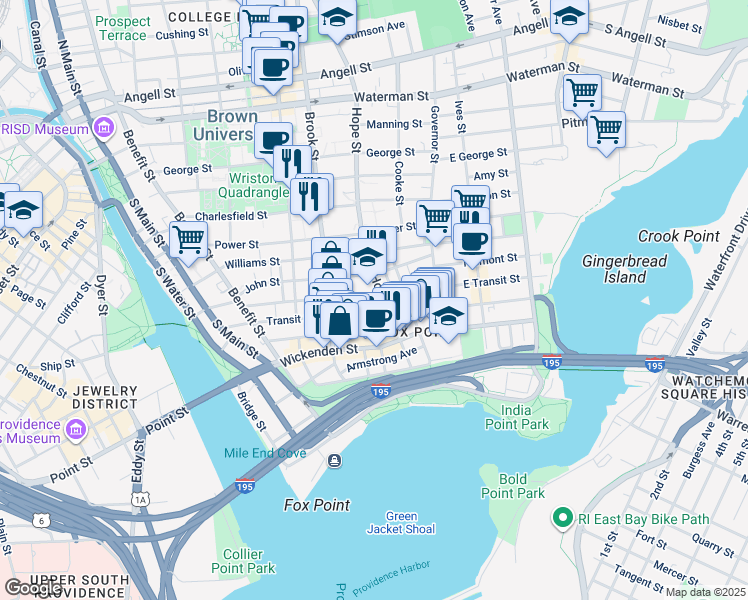 map of restaurants, bars, coffee shops, grocery stores, and more near 71 Arnold Street in Providence