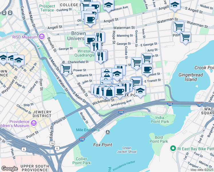 map of restaurants, bars, coffee shops, grocery stores, and more near 181 Brook Street in Providence