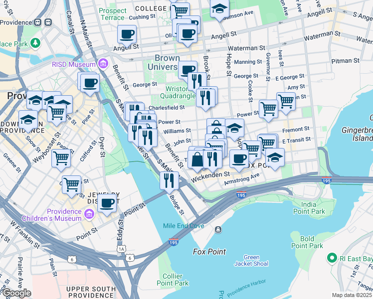 map of restaurants, bars, coffee shops, grocery stores, and more near 9 John Street in Providence