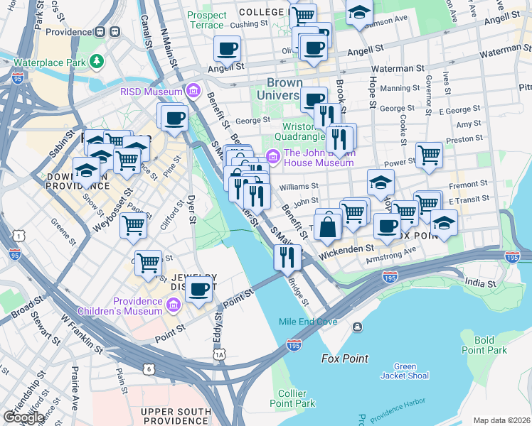 map of restaurants, bars, coffee shops, grocery stores, and more near 376 Benefit Street in Providence