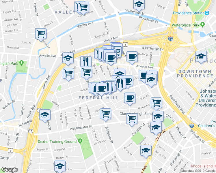 map of restaurants, bars, coffee shops, grocery stores, and more near 125 Sutton Street in Providence
