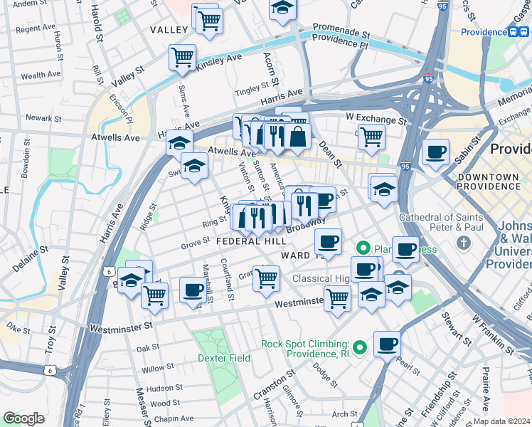 map of restaurants, bars, coffee shops, grocery stores, and more near 125 Sutton Street in Providence