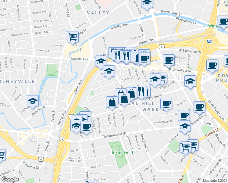 map of restaurants, bars, coffee shops, grocery stores, and more near 57 Penn Street in Providence