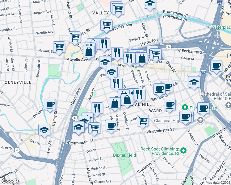 map of restaurants, bars, coffee shops, grocery stores, and more near 92 Tell Street in Providence