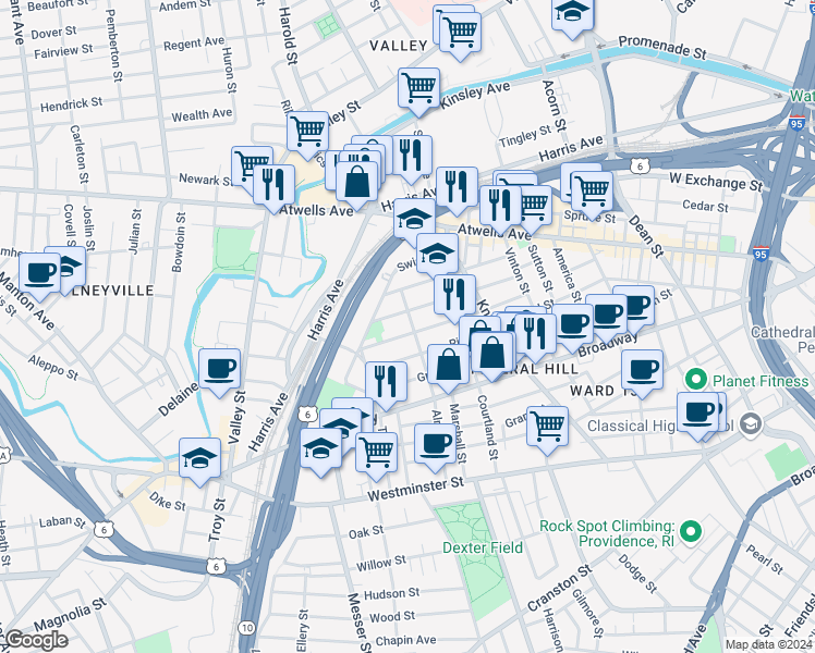 map of restaurants, bars, coffee shops, grocery stores, and more near 125 Tell Street in Providence