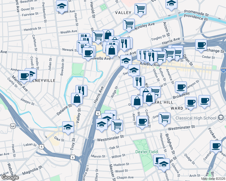 map of restaurants, bars, coffee shops, grocery stores, and more near 113 Ridge Street in Providence