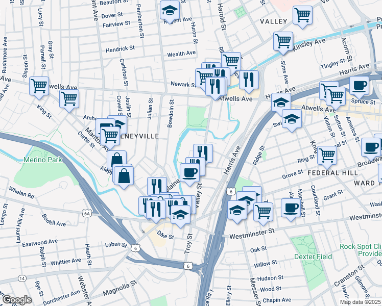 map of restaurants, bars, coffee shops, grocery stores, and more near 166 Valley Street in Providence