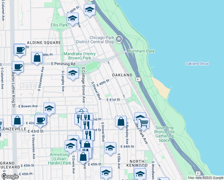 map of restaurants, bars, coffee shops, grocery stores, and more near 21 South Ellis Avenue in Chicago