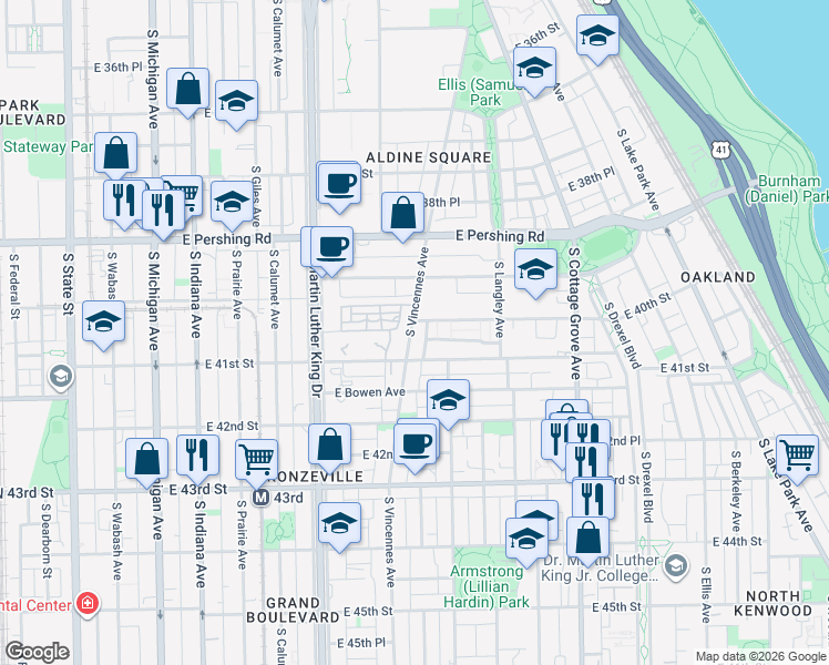 map of restaurants, bars, coffee shops, grocery stores, and more near 4027 South Vincennes Avenue in Chicago