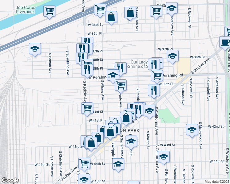 map of restaurants, bars, coffee shops, grocery stores, and more near 3023 West 39th Place in Chicago